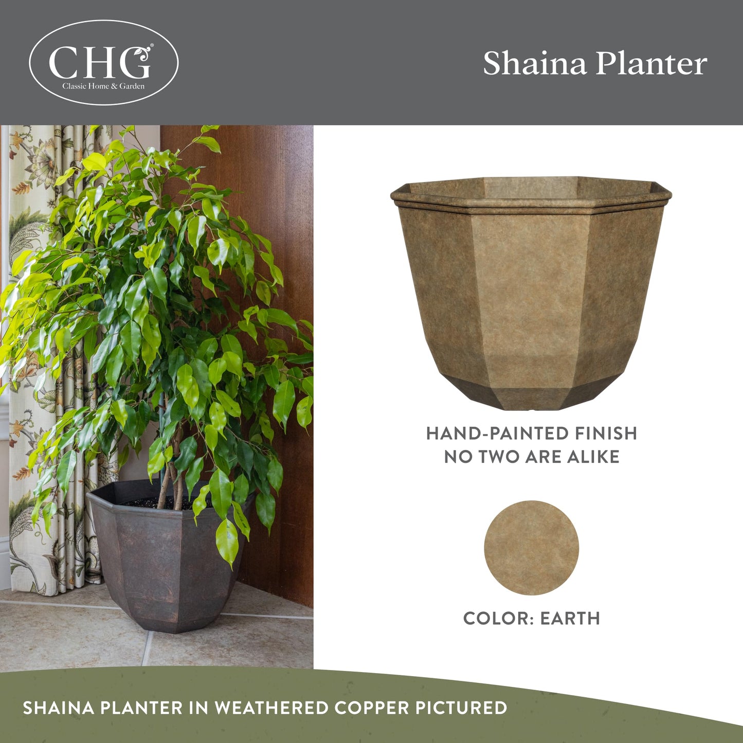 Classic Home and Garden Shaina Planting Pots - Lightweight Indoor & Outdoor Plant Pots - UV-Resistant Resin Flower Pots - Pot Planters for Flowers & Herbs (15” Earth)