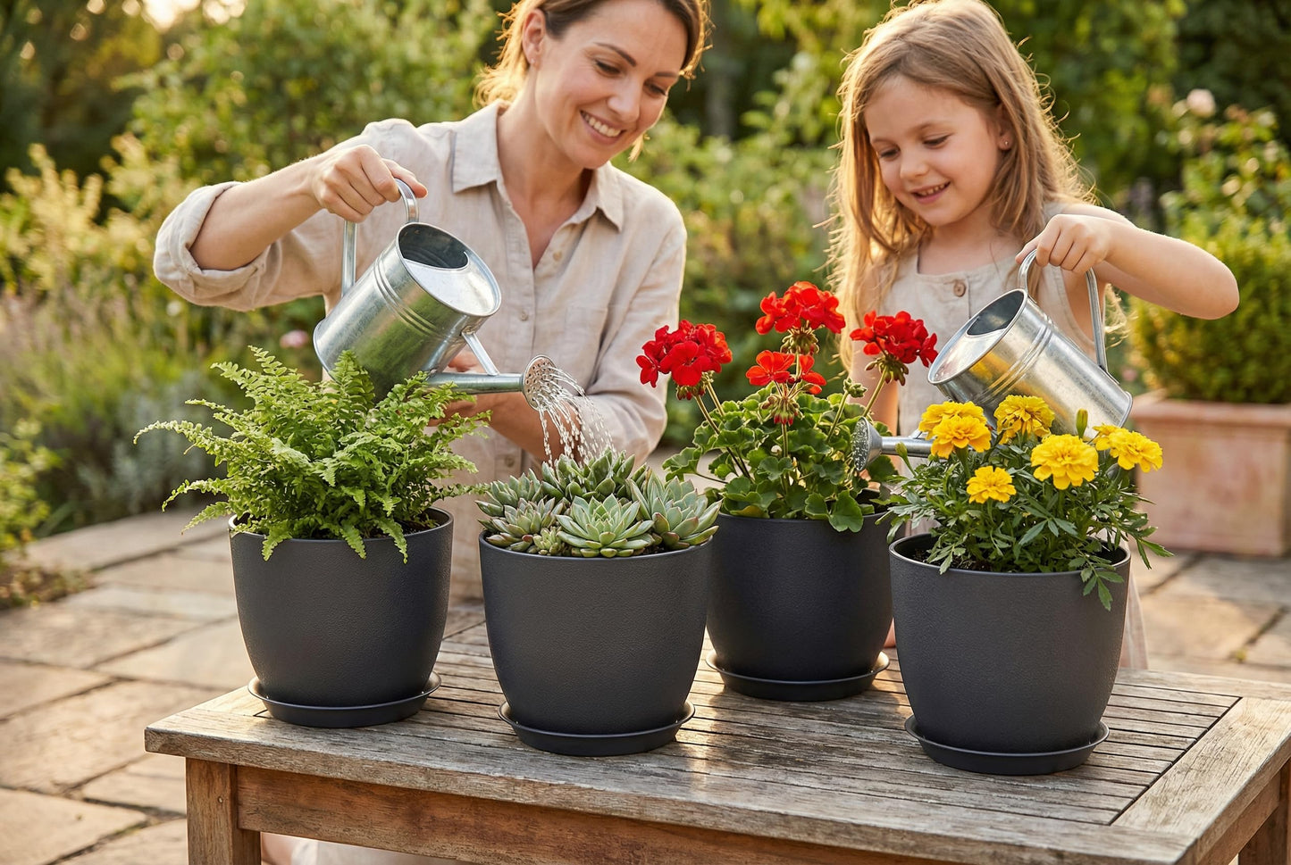 XQSHPDM 8 Inch Plant Pots Set of 4, Plastic Planters with Drainage Holes and Tray, Flower Pots for Indoor Outdoor Plants and Flowers (Black)