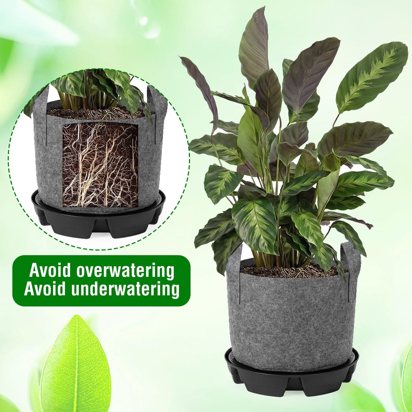 Jingmore 6 Set Self Watering Fabric Pot Base 3 Gallon Plant Nonwoven Grow Bags Automatic Watering System Plant Saucer Elevated Flower Trays with Handles for Fruits Vegetables Flowers Grow(Grey)