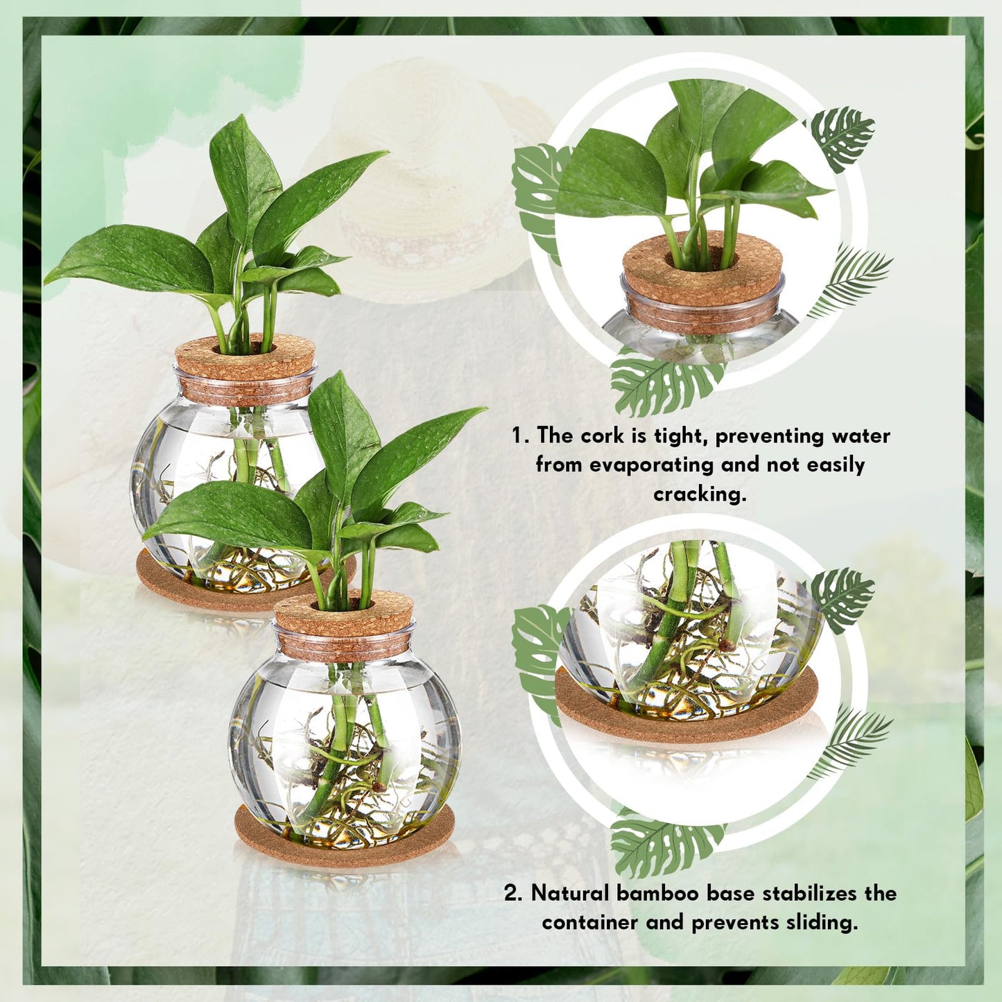 Baderke 6 Packs Propagation Vases for Plants Plastic Plant Propagation Station with Hole Lid and Cork Coasters Plant Growing in Water Hydroponic Home Office Table Decoration(Fish Bowl Style)