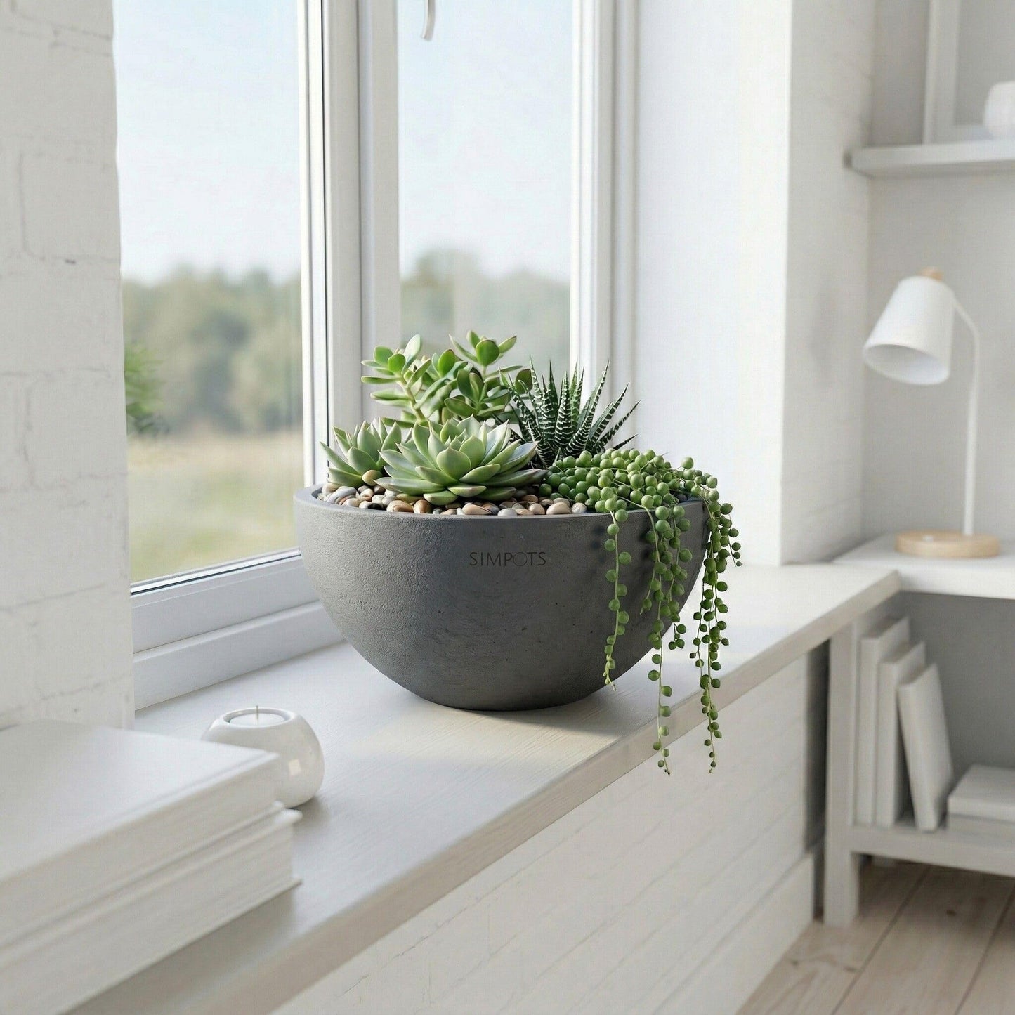 ONE ART Luxury Planters Hand-Finished Modern Design Durable Frost-Proof Indoor & Outdoor Use, Ideal for Desk, Garden, Conference Room, Office, Patio (Gray)