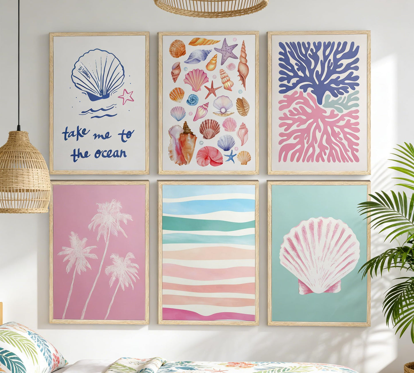 Pink and Blue Coastal Wall Art, 6 Pcs Preppy Beach Wall Decor, Unframed Canvas Posters for Bathroom Bedroom, Seashell Coral Palm Tree Ocean Prints, Neutral Boho Beach House Decor 12x16in Unframed