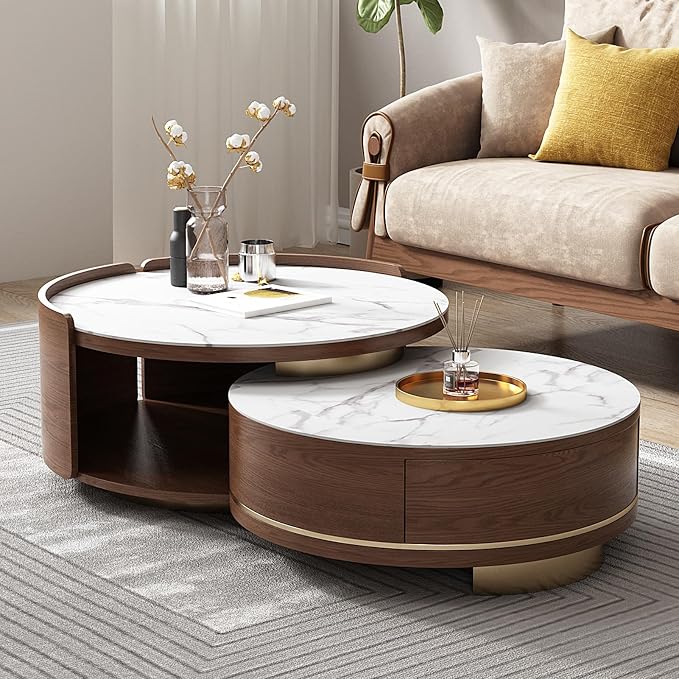 Lartis Nesting Coffee Table with Drawer Round Coffee Table Sintered Stone Coffee Table