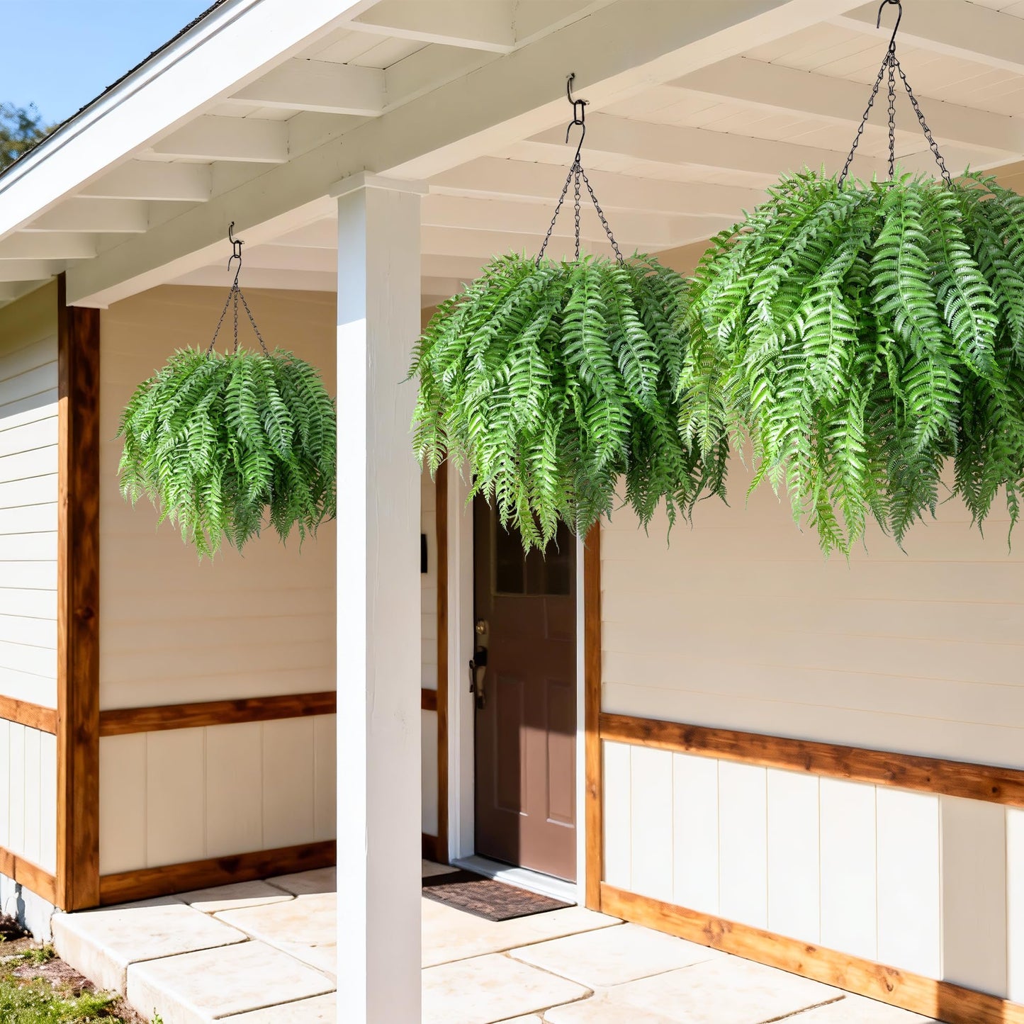 FancyPlus Artificial Hanging Plants Outdoor, UV Resistant Fake Fern Faux Greenery 2 Set for Outside Planter Patio Home Garden Decor (10 Branches&2 Basket)