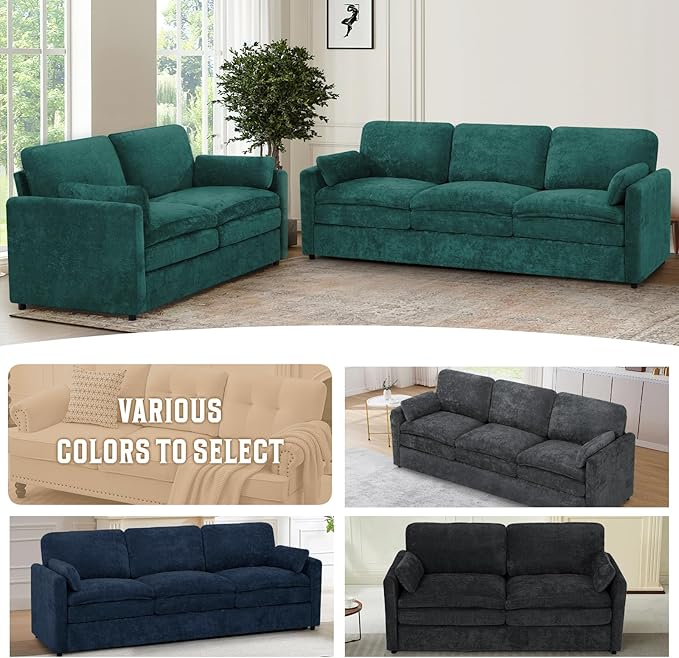 Classic Chenille Sofa Set with 2 Extra Armrest Pillows, Loveseat and 3-Seat