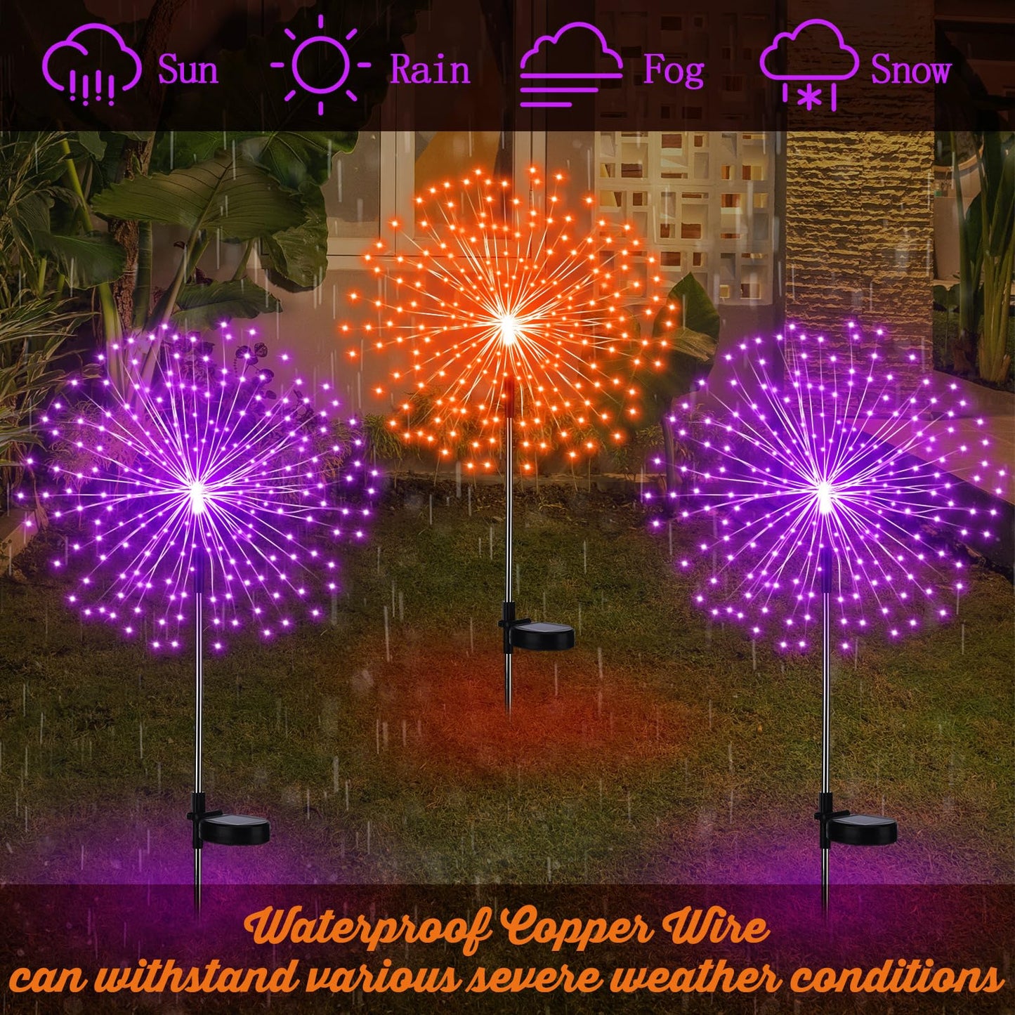 Tujoe 6 Pcs Fall Solar Firework Stake Lights 180 LED 8 Modes Solar Waterproof LED Sparkler Lights Outdoor Decoration for Halloween Christmas Holiday Garden Patio Yard Pathway Walkway, Orange, Purple