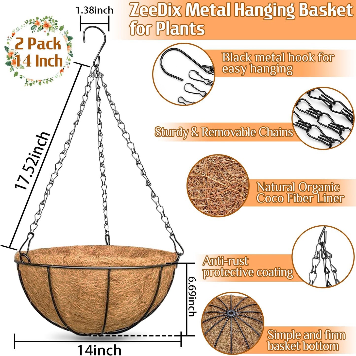 ZeeDix 2 Pack 14 Inch Hanging Baskets for Plants Outdoor, Metal Wire Round Planters with Coco Liner, Hanging Flower Baskets for Home Garden Porch Balcony Railings Decor