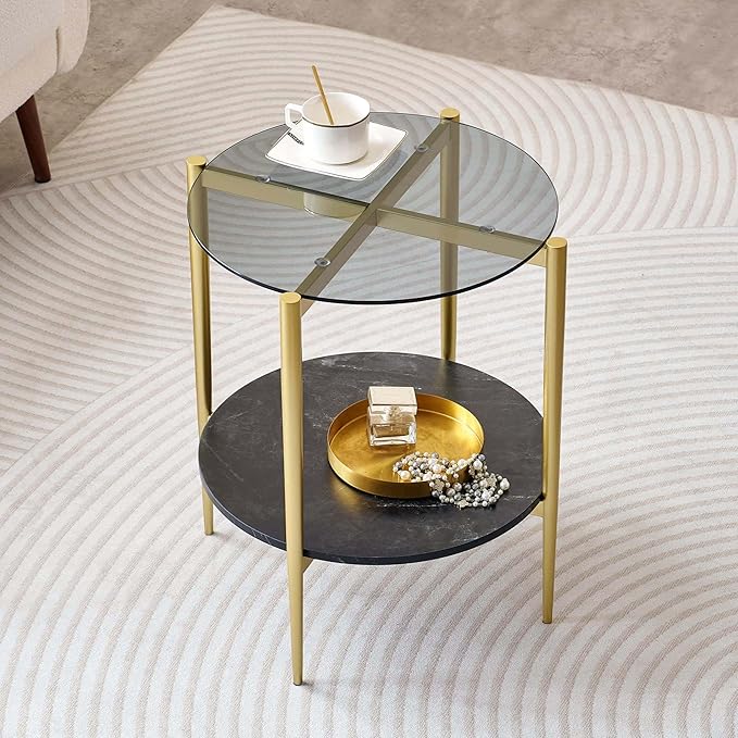 LumFurn Round Glass End Table, Mid-Century Modern Design Sofa Table