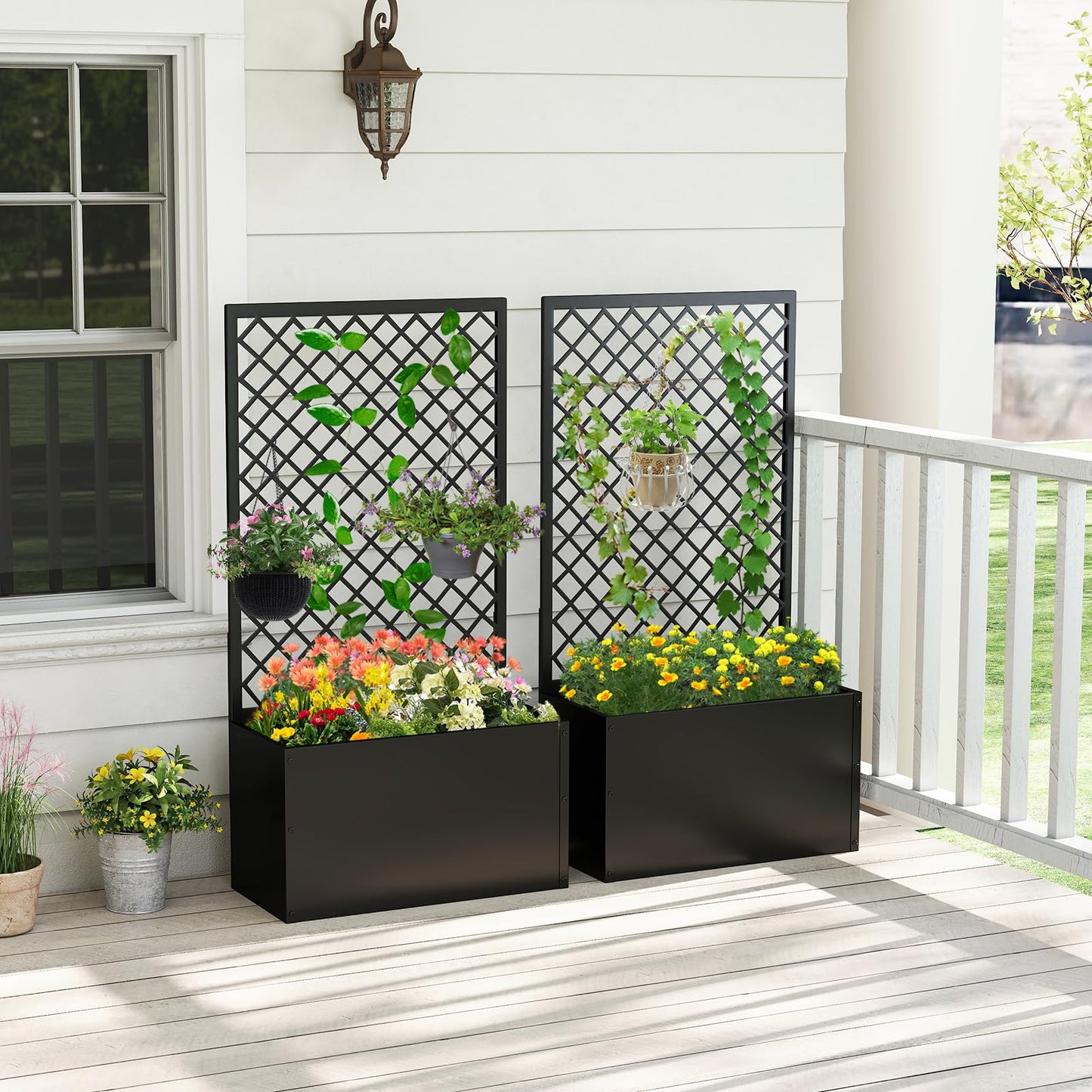 kinbor Planter with Trellis - Set of 2 Planter Boxes Outdoor, Metal Raised Garden Bed with Lattice Trellis for Climbing Plants, Black Flower Boxes Outdoor