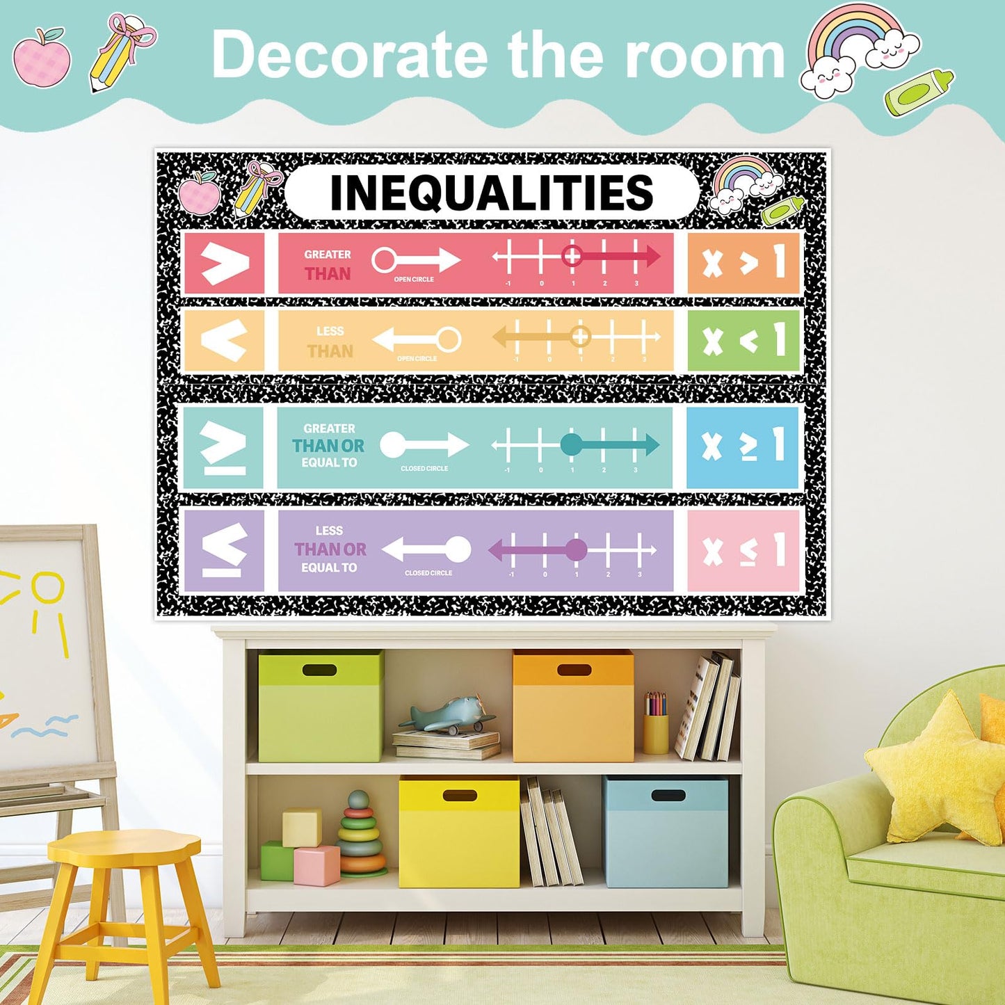 2Pcs Educational Inequalities Math Posters Composition Notebook Math Bulletin Board Mathematics Classroom Banners Back to School Wall Art for Teacher Student Elementary Middle School Office Home Decor