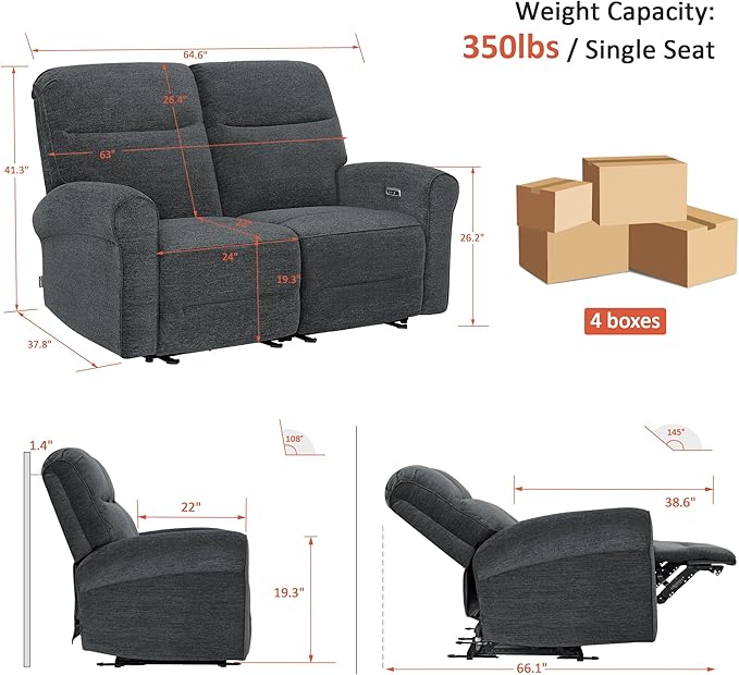 MCombo 64.6" Wall Hugger Power Loveseat Recliner Sofa