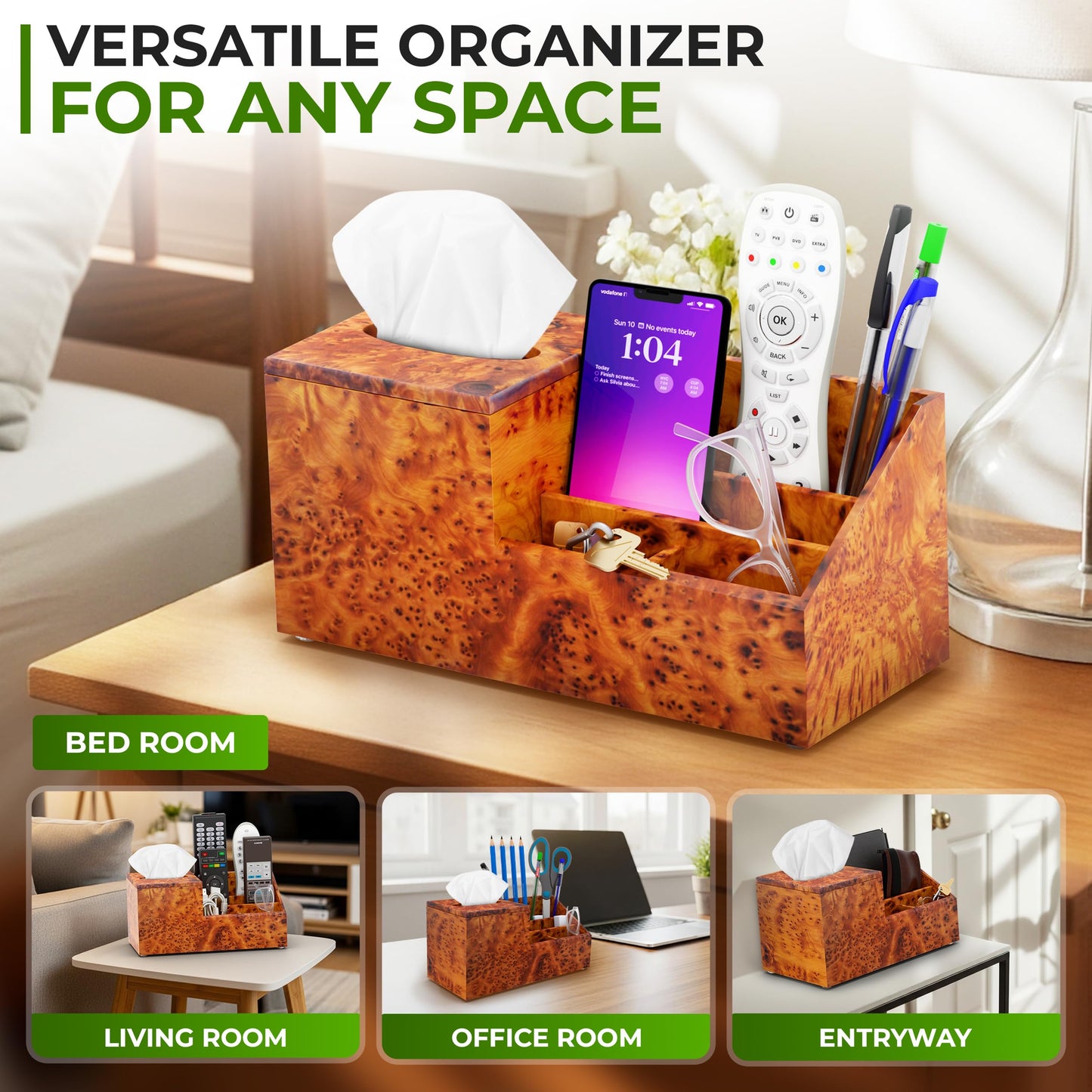 Womens nightstand Organizer -Organizer Box-Tissue Cover Box-Makeup Box Organizer-Wooden Tissue Holder Box Storage-Desk Organiser-Tissue Box with Storage Tray-Tissue Organizer Holder-Wood Tissue Box