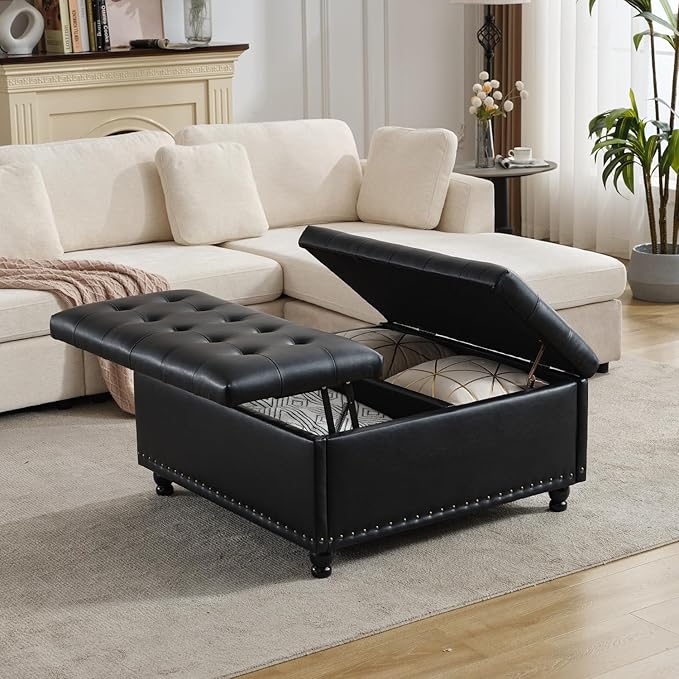 Tbfit Large Square Storage Ottoman Bench, Tufted Upholstered Coffee Table