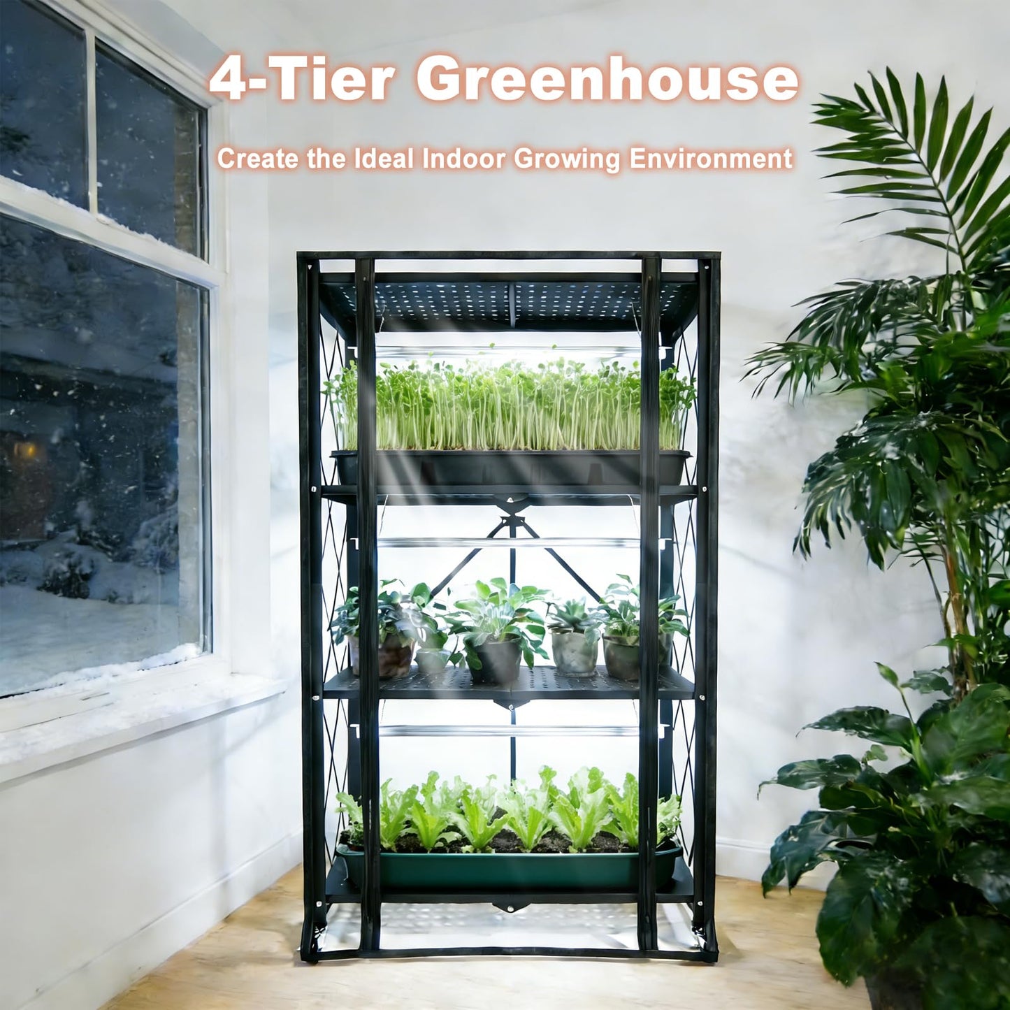 Nedechom Indoor Greenhouse with Grow Light, 4-Tier Foldable Metal Plant Shelf with Full Spectrum 6000K Growing Lamps and Tent, Mini Greenhouse Cabinet with Timer for Seed Starting (28.2"x14.2"x50")