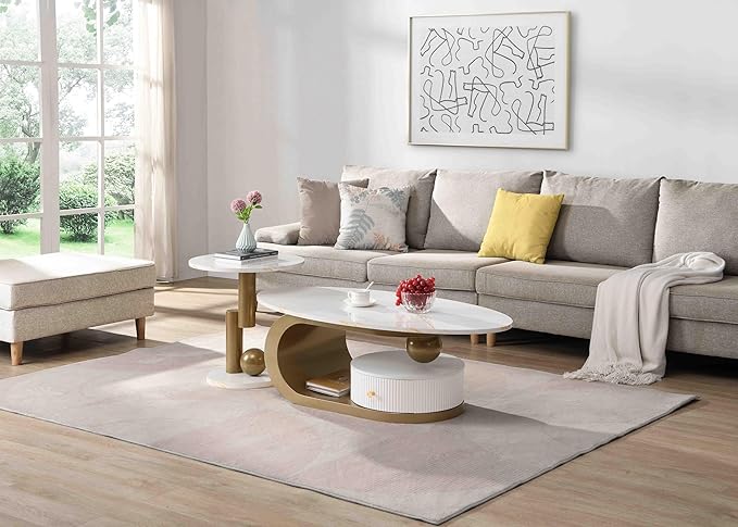 Modern Oval Coffee Table Set of 2, Faux Marble Coffee Table and Round End Table