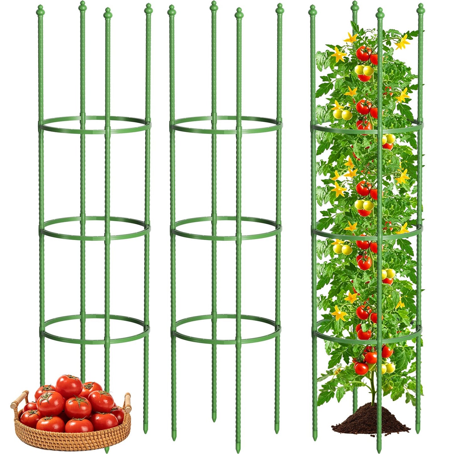 Fabulas Tomato Cage, 59 Inch Adjustable Tomato Plant Support Cages for Garden and Pots, Steel Core Plastic Coated Trellis for Raised Bed Climbing Plants Cucumber Beans Vegetable Flower Fruit, 3 Pack