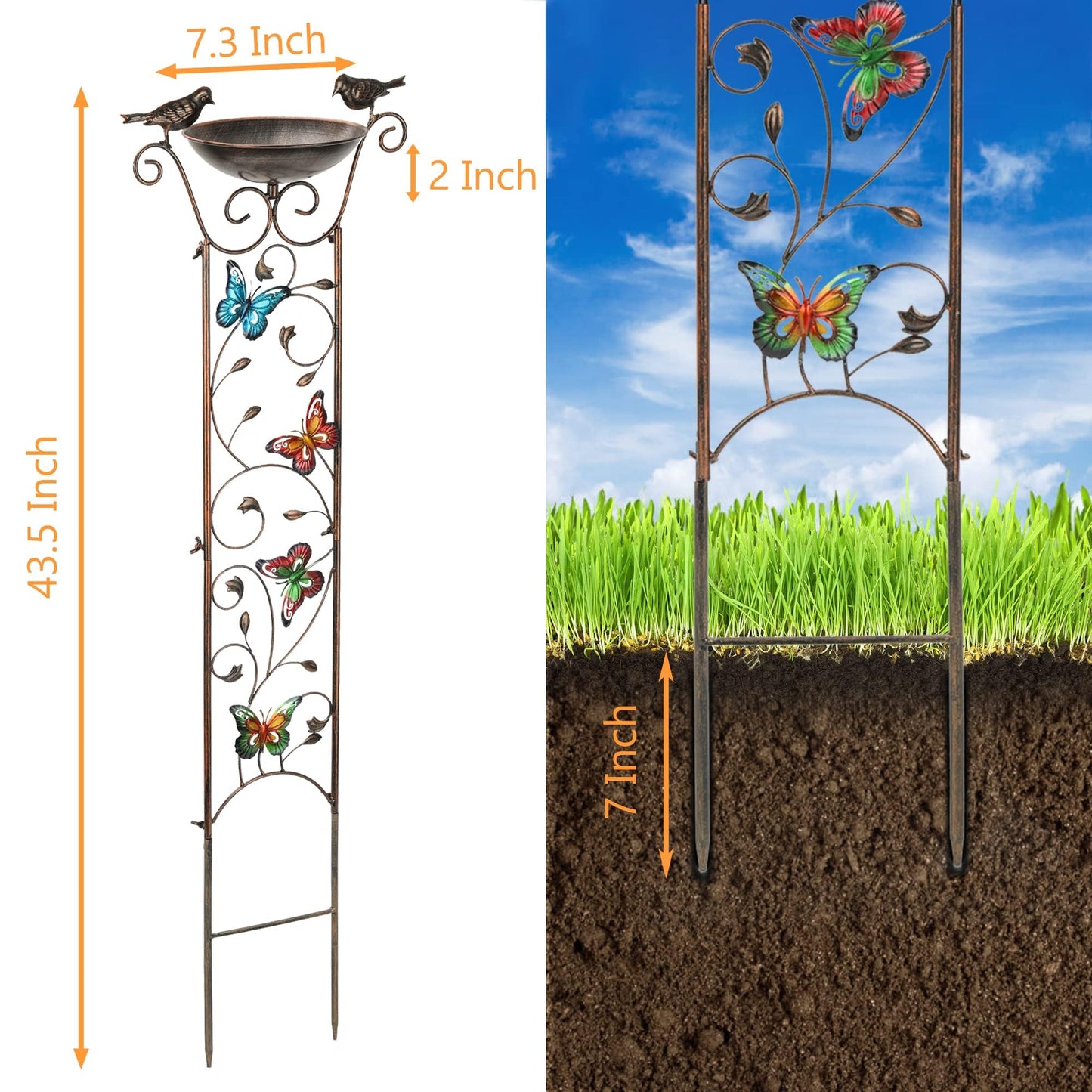 Garden Trellis Bird Bath Outdoor, 43.5 Inch Antique Iron Garden Plant Trellis Decorative with Butterflies and Detachable Drinking Basin Bowl, Free Standing BirdBath Birdfeeder Station