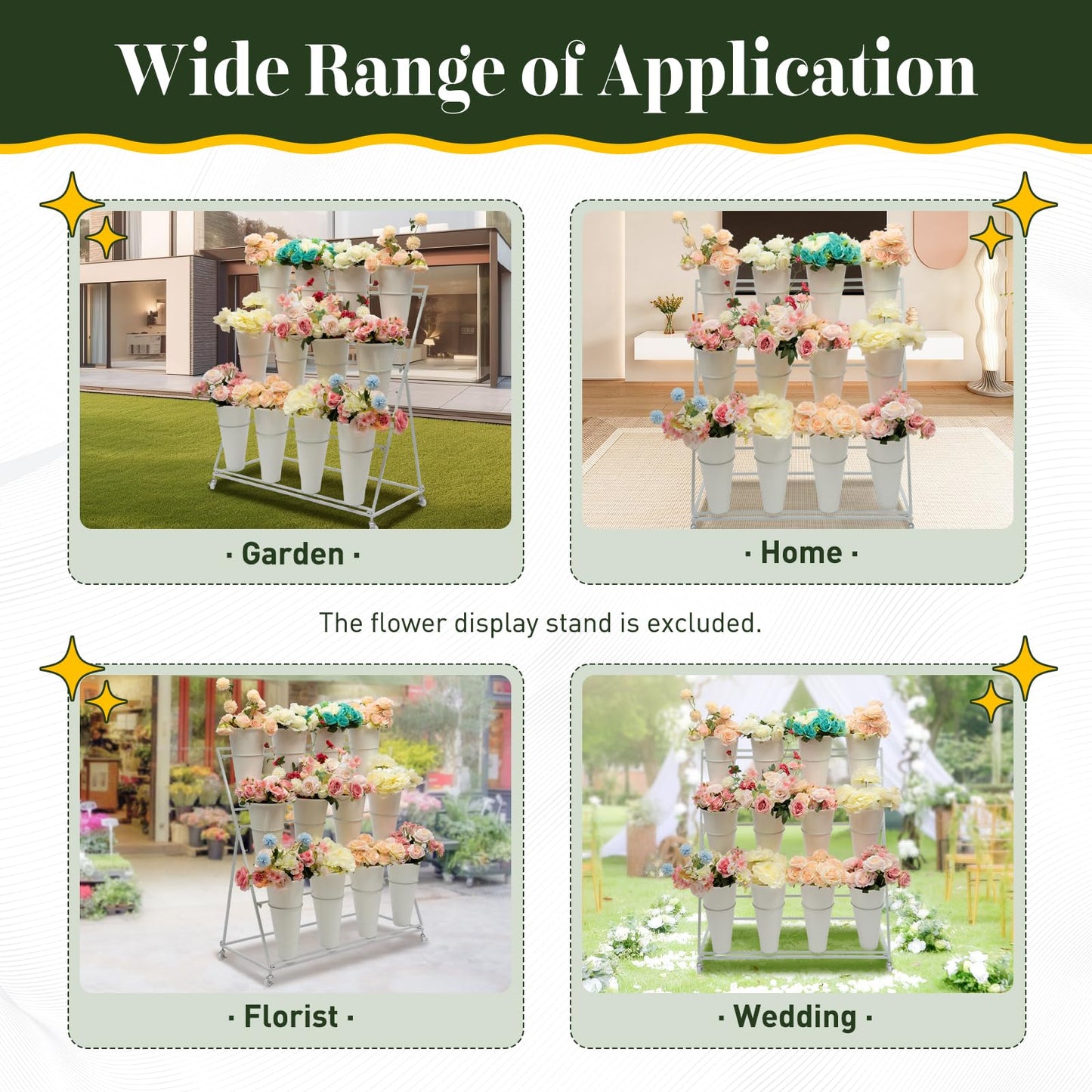 GSHIOIO 3-Tier Flower Display Stand with 12 Buckets, Moving Florist Bouquet Shelf Plant Stand with 4 Universal Wheel for Fresh Flower Shop Indoor Outdoor Patio Garden Weddings Florist Living Room
