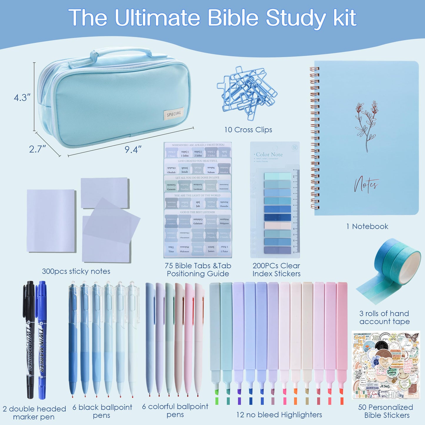 J6&H6 170Pcs Complete Bible Study Supplies Journaling Kit with Tabs, Highlighters and Color Pens, Notebook,Stickers & More Bible Accessories Set for Women, Beginner Christian Gifts(Blue)