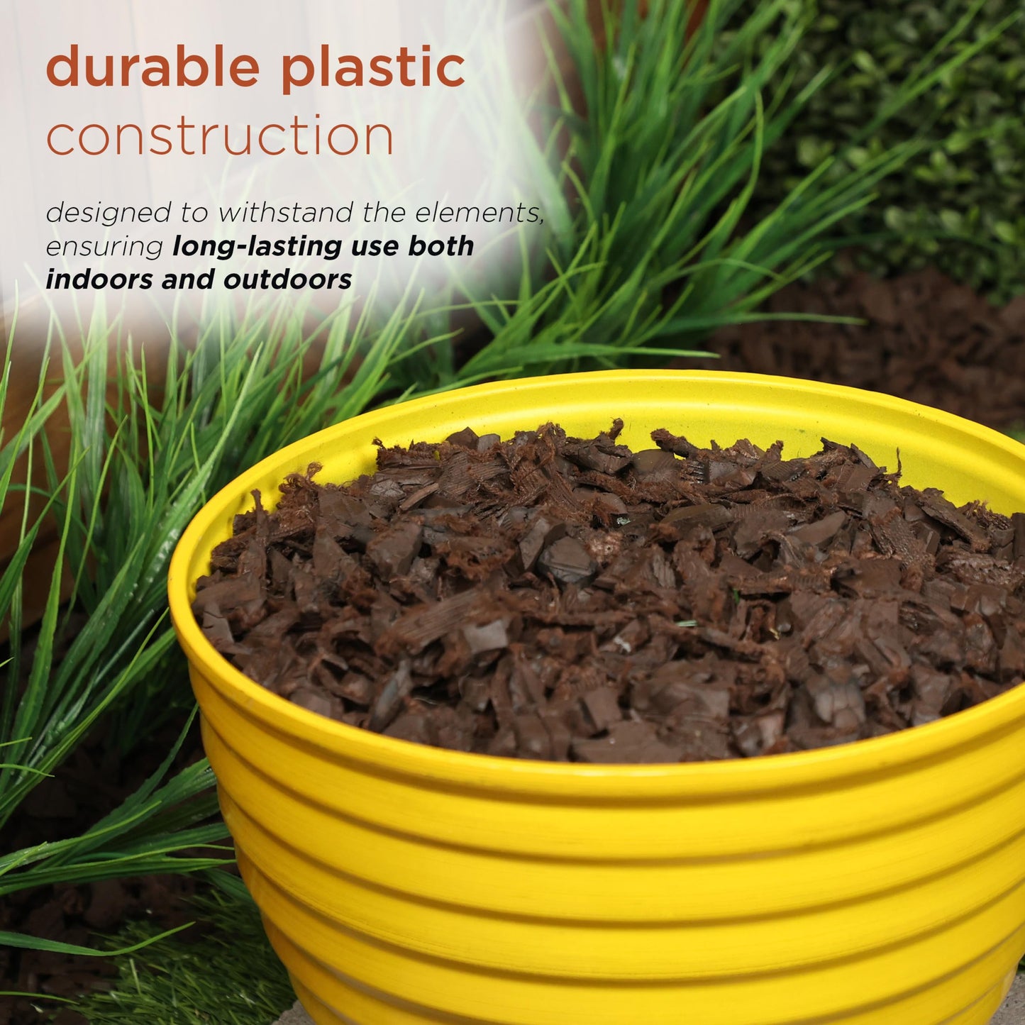 Alpine Corporation TWM116HH-S-YL Indoor/Outdoor 12" Round Plastic Planter, Ribbed Planter with Drainage Hole and Plug, Yellow
