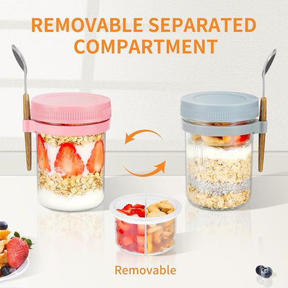 Xyptorix 4 Pack Overnight Oats Containers with Lids and Spoons, 16 oz Mason Jars with Removable Separate Compartments, Airtight and Leak-Proof Glass Jars for Chia Pudding, Yogurt, and Oatmeal