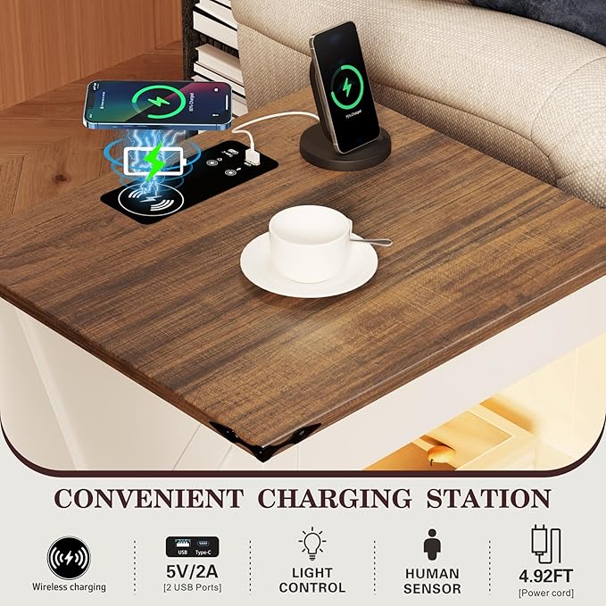 HWB LED Nightstand with Gun Drawer: Bedside Table with Charging Station