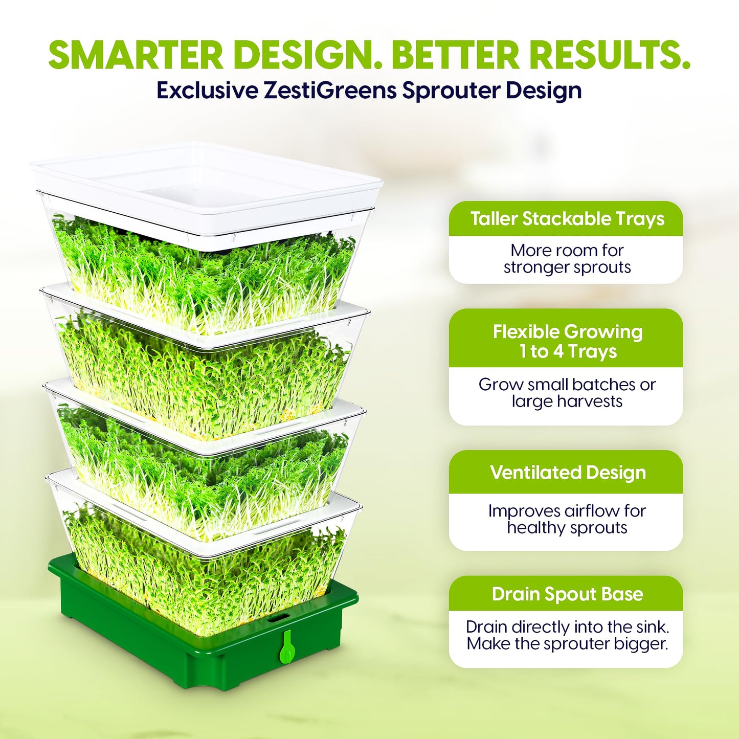 ZESTIGREENS 4-Tier Sprouting Kit - Stackable Seed Sprouter Trays with Drain Spout - Grow Fresh Sprouts at Home - BPA-Free