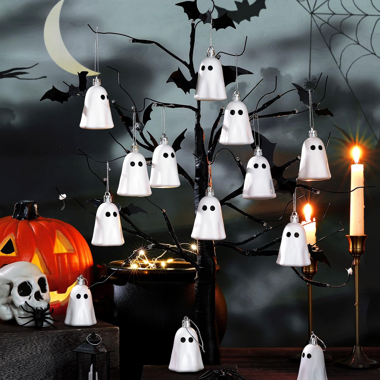 Tigeen 24 Pcs Halloween Hanging Ornaments Cute Ghost Decoration Halloween Tree Decoration Plastic Decorative Mini Ghost Ornaments for Home Tree Party Supplies (Cute,White)