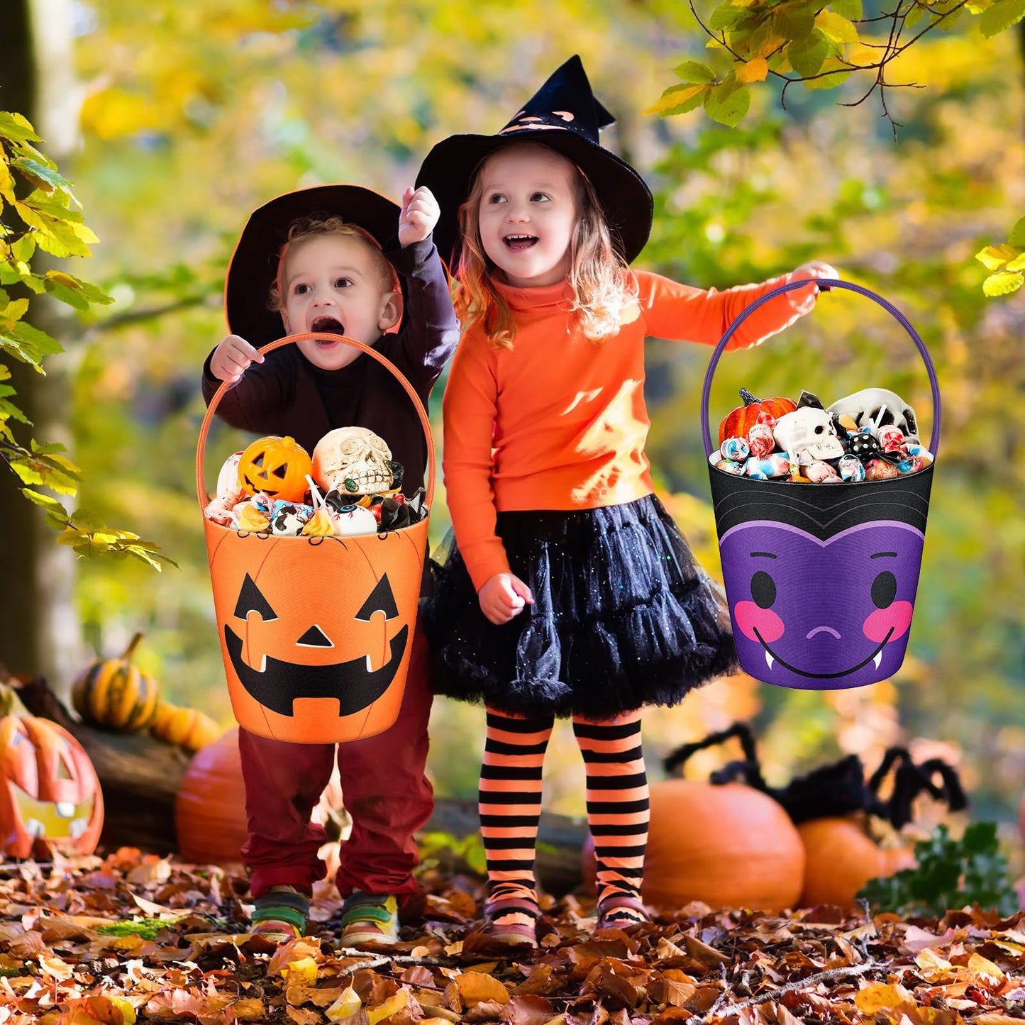 BBTO 3 Pieces Halloween Trick or Treat Bucket Candy Basket Canvas Halloween Party Tote Bags Goody Bucket for Kids Halloween Party Supplies (Halloween Monster)