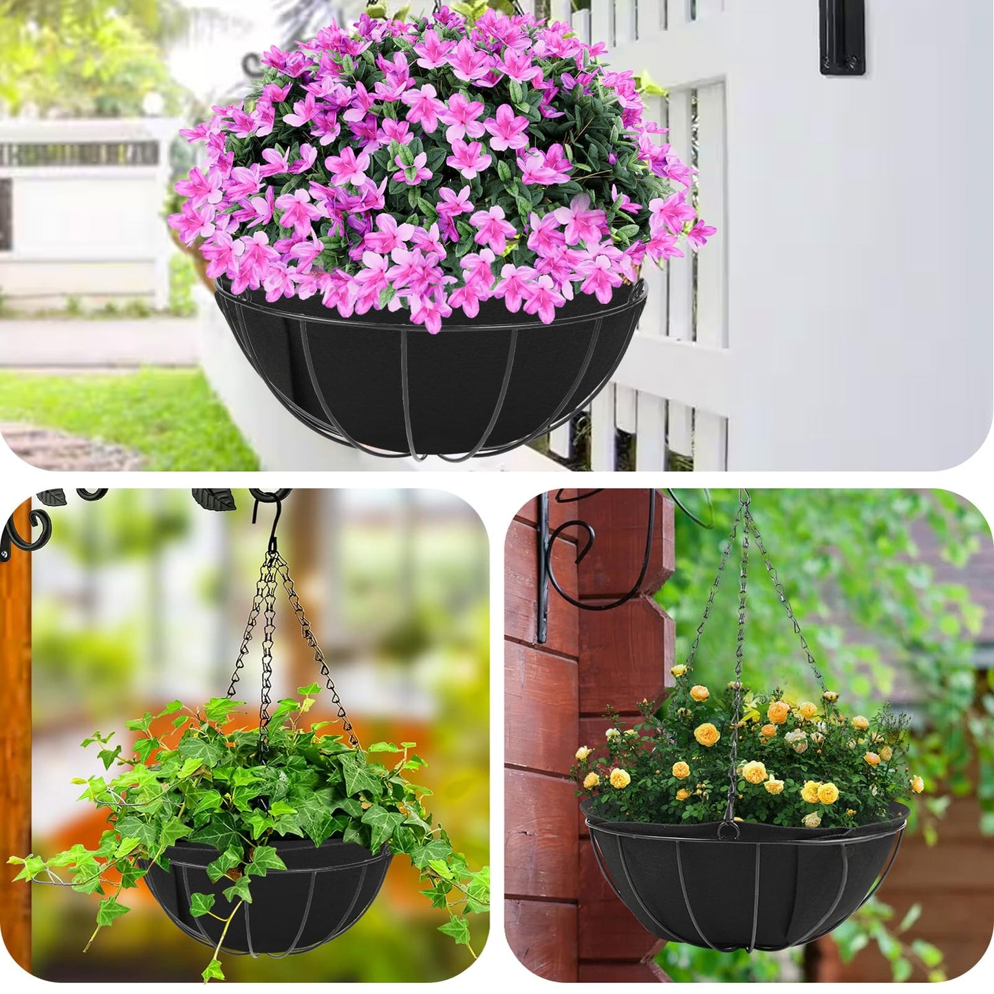HKZ Hanging Planter Basket Liners - 6 Pack 14 Inch Round Fabric Liners for Hanging Baskets, Replacement Coco Fiber Liner, Durable Non-Woven Liners for Hanging Baskets Planters Flowers, Plants (Black)