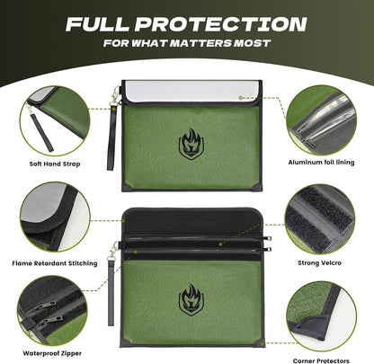 2 Pockets Fireproof Document Bag 6200°F, 10 Layers Waterproof Fireproof Money Bag for Cash with Reflective Strip, Heat Insulated Waterproof Document Holder Pouch, Fire Safe Storage, 14.7”x 11.2”