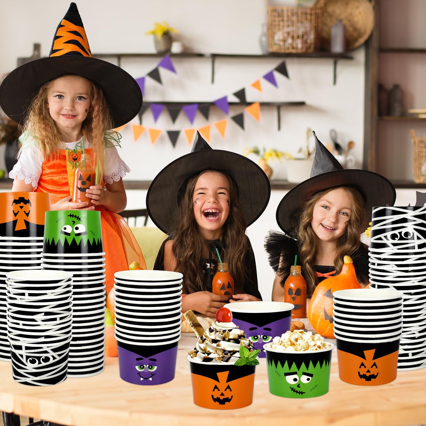 AnyDesign Halloween Treat Cups 100 Pcs 6.5 oz Disposable Paper Bowls in 4 Styles Pumpkin Mummy Vampire Monster Funny Character Soup Cups for Hot Cold Drinks Party Supplies