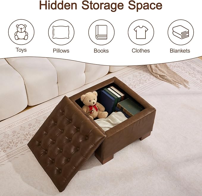 WUTUTUEE 24" Faux Leather Square Storage Ottoman