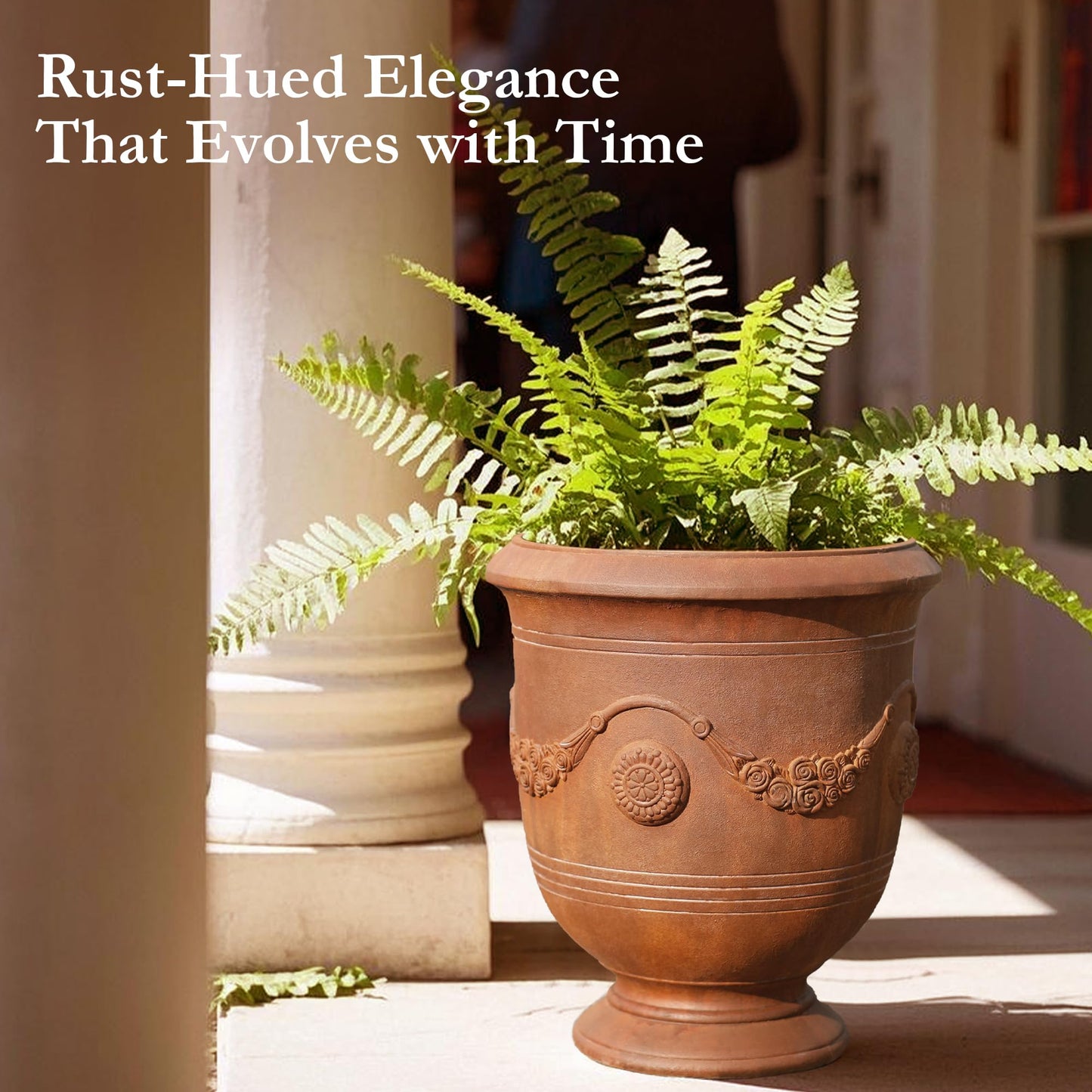 Worth Garden Large Urn Planter - 14" Dia x 16.5" H Lightweight Magnesium Oxide Plant Pot with Cement Texture - Rust-Like Finish Concrete Urn Planter with Drainage Hole for Indoor & Outdoor Decor