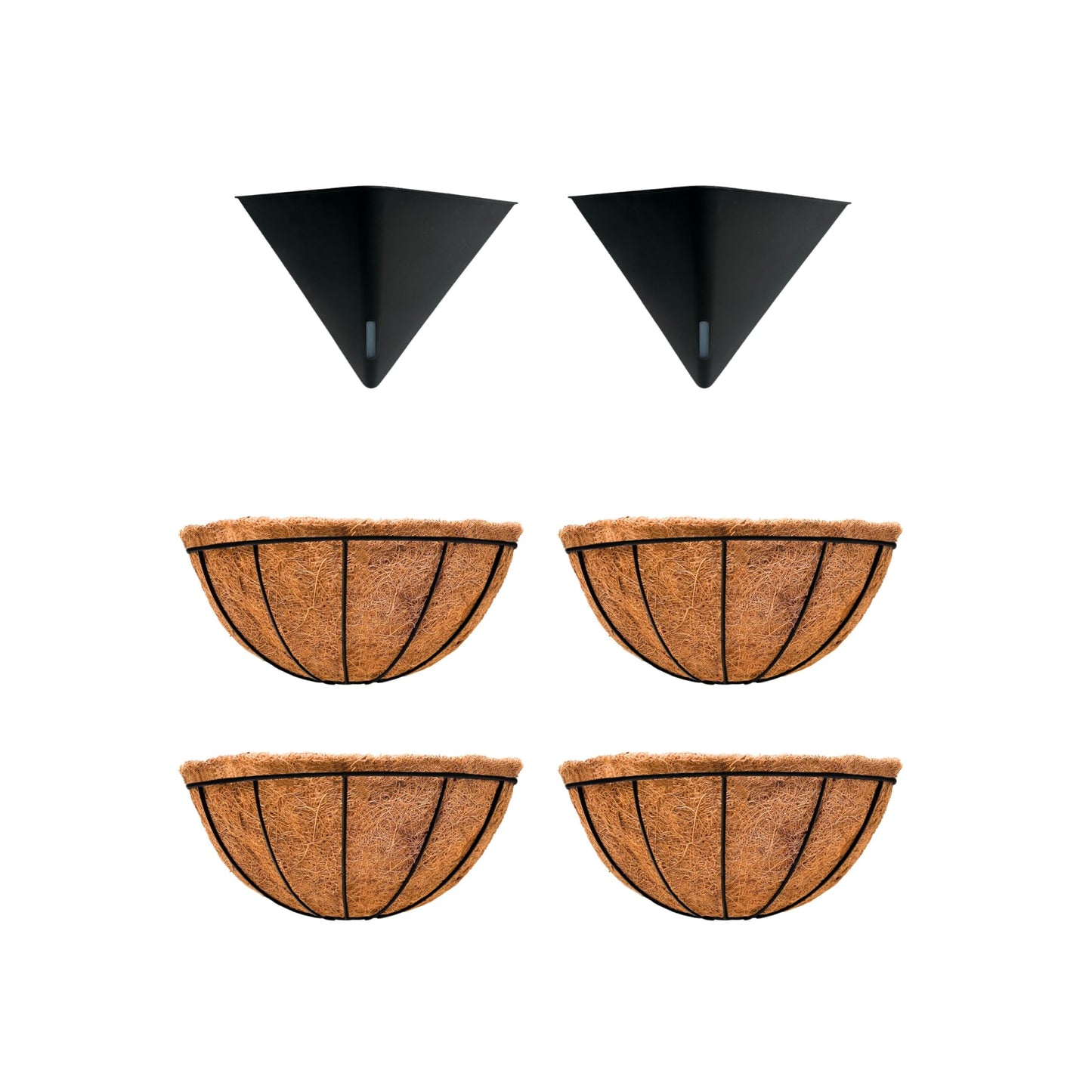 LaLaGreen Bundle- 2 Pack, 12 Inch Black Geometric Hanging Pot + 4 Pack, 12 Inch Metal Wire Basket with Coco Liner Flower Herb Plant Window Boxes Balcony Porch Modern Stylish Vase Self Watering Planter