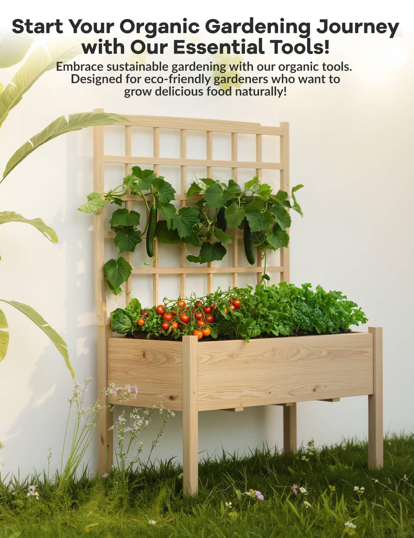 Elevated Garden Planter with Trellis - Tall Raised Bed with Legs for Climbing Vines, Vegetables & Flowers - Perfect for Patio, Balcony or Backyard, 46"x23"x65"