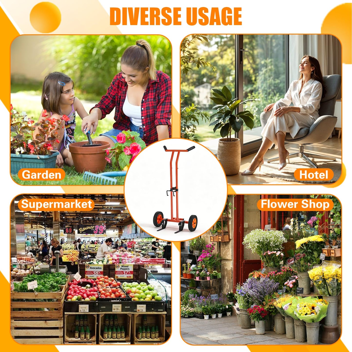 Plant Caddy with Wheels Heavy Duty Plant Dolly Cart with Non-Slip Silicone Grids Adjustable Arm, Straps, Suction Cup, Supports Plants Up to 175 lbs Indoor Outdoor T-Handle Plant Mover for Pots, Orange