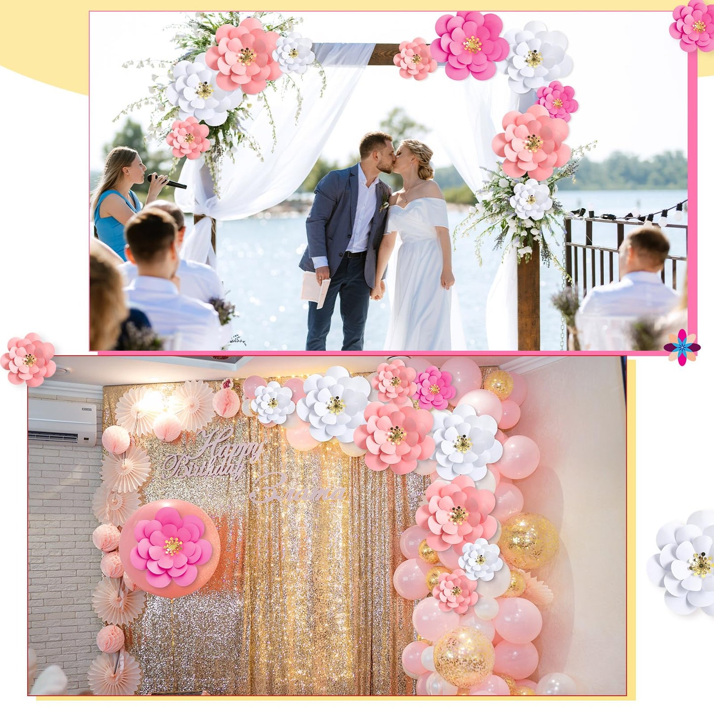 Mooliwe Paper Flowers Decorations for Wall DIY 3D Paper Bulletin Board Mexican Flowers Backdrop Decoration for Classroom Back to School Holiday Party(Pink White,10 Set)