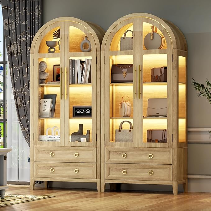 Arched Curio Cabinet with Glass Doors, 4-Tier Display Cabinet with 2 Drawers