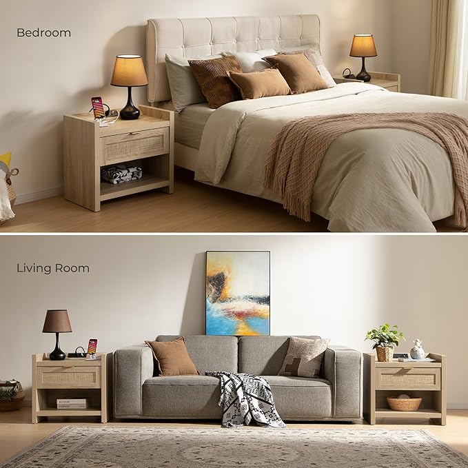 SICOTAS Rattan Nightstands Set of 2 Bedside Table