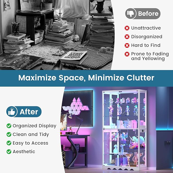 Large Display Cabinet with Glass Doors, 8-Tier RGB Curio Cabinet with Smart