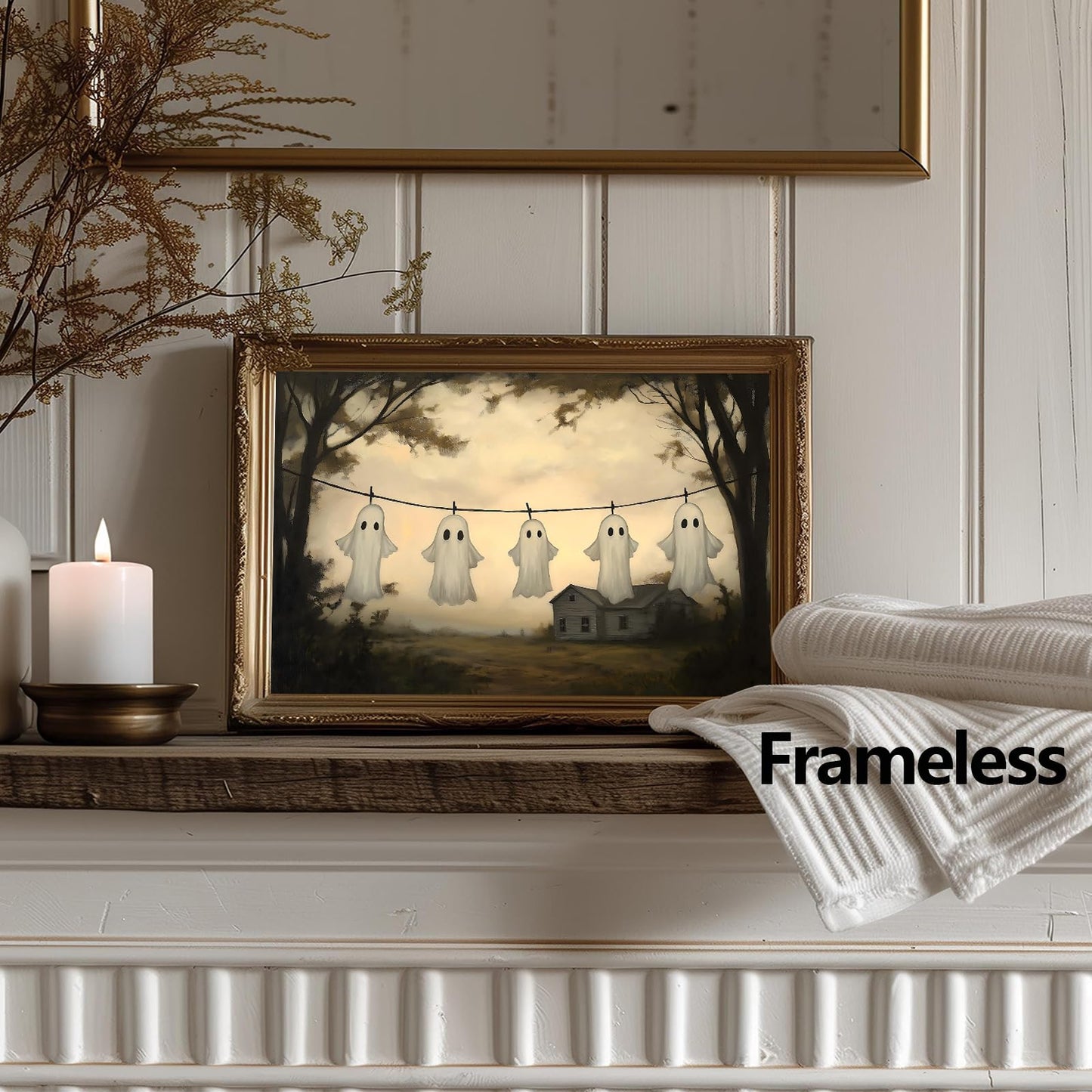 Farmhouse Ghost Wall Art Laundry Room Prints Halloween Landscape Poster Cute Ghost Pictures Gothic Forest Print Victorian Moody Paintings Spooky Wall Art Academia Dark Gothic Artwork 16x24in Frameless
