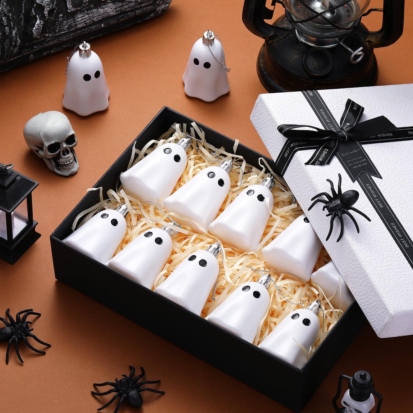 Tigeen 24 Pcs Halloween Hanging Ornaments Cute Ghost Decoration Halloween Tree Decoration Plastic Decorative Mini Ghost Ornaments for Home Tree Party Supplies (Cute,White)