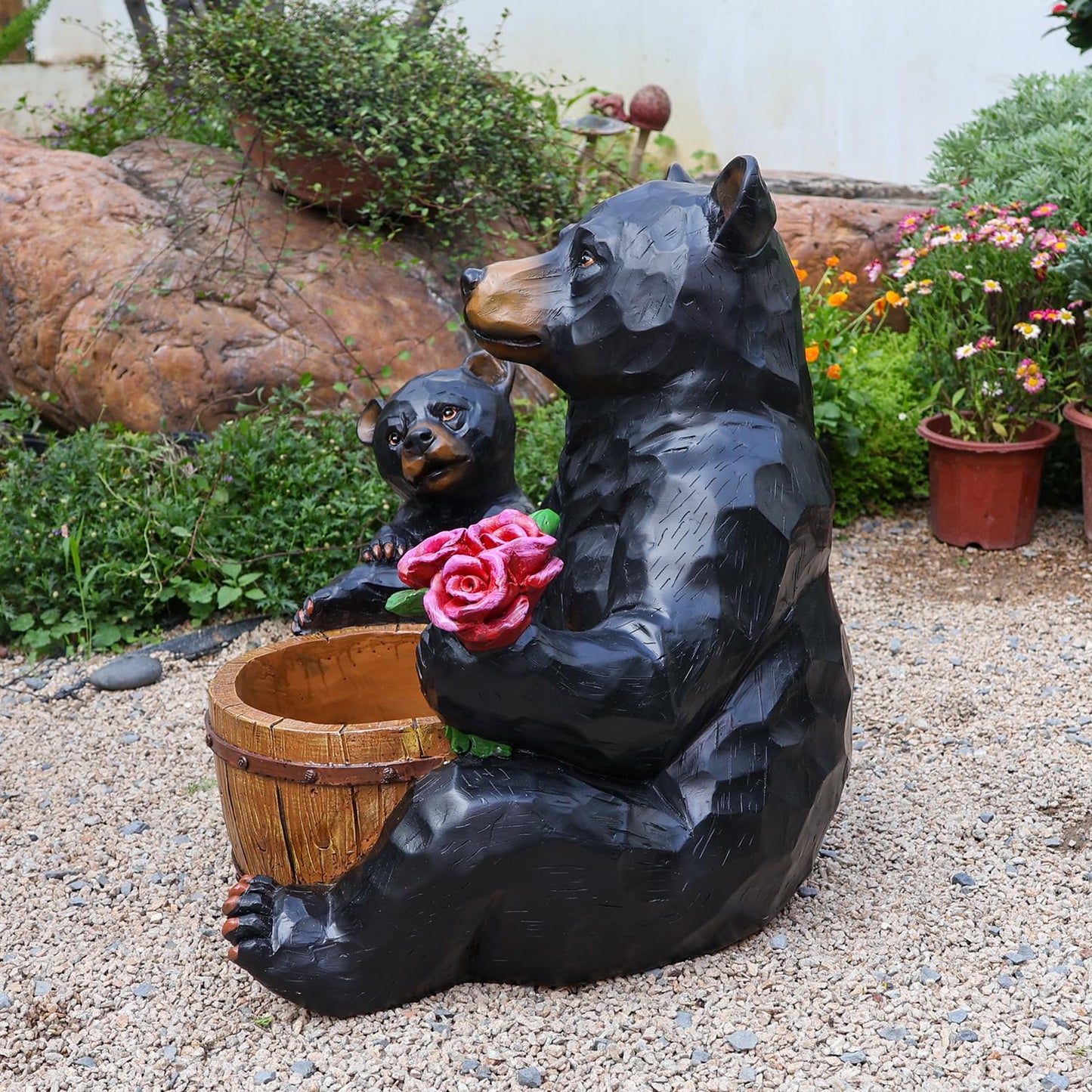 Bear and Cub Garden Planter - 21-Inch Large Resin Black Bear Statue with Flower Barrel, Rustic Wood Carved Look Flower Pot for Outdoor Porch Patio Yard Decor, Animal Sculpture Housewarming Gift