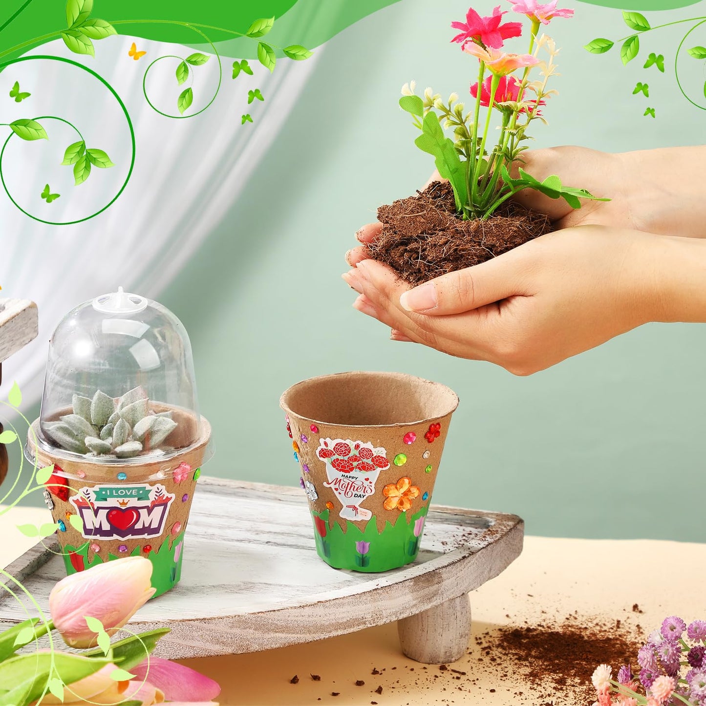 Motipuns 30 Pack Mother's Day Garden Paper Pot Craft Kit Include Plant Flower Peat Pots with Domes 4 Sheet Rhinestones Jewels Stickers and Adhesive Spring Stickers Set for DIY Craft Gifts