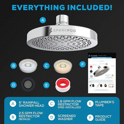 SparkPod Rain Shower Head, 6 Inch Round | High Pressure Shower Heads, 90 Nozzle (Touch-to-Clean), Adjustable Showerhead, No-tool Universal Connection
