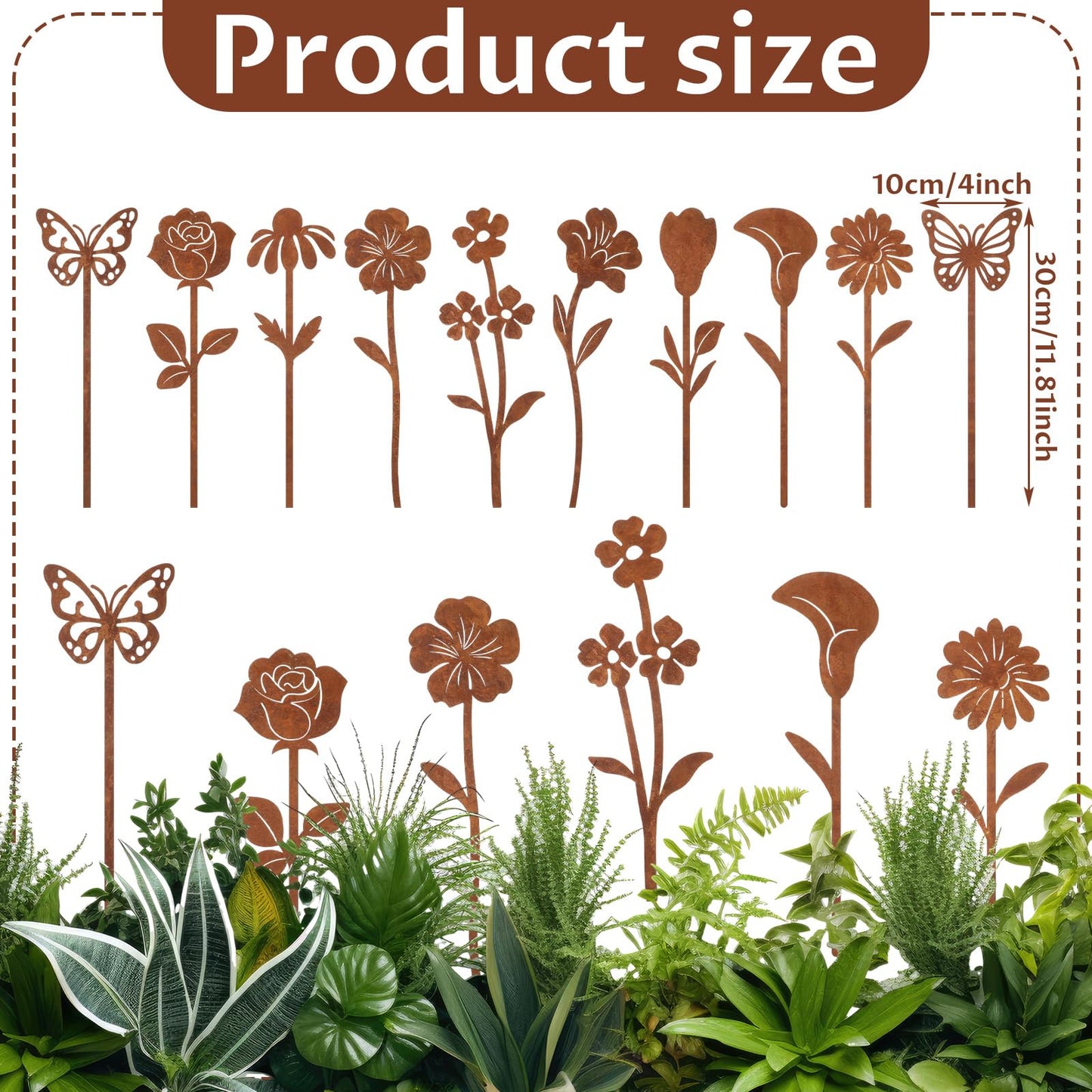 Otoolling 10 Pcs Rusty Metal Flowers and Plants, Rusty Rustic Metal Flowers Signs for Outside Yard Art Gift for Yard Decorative Garden Stakes Potted Plants Walkway and Garden