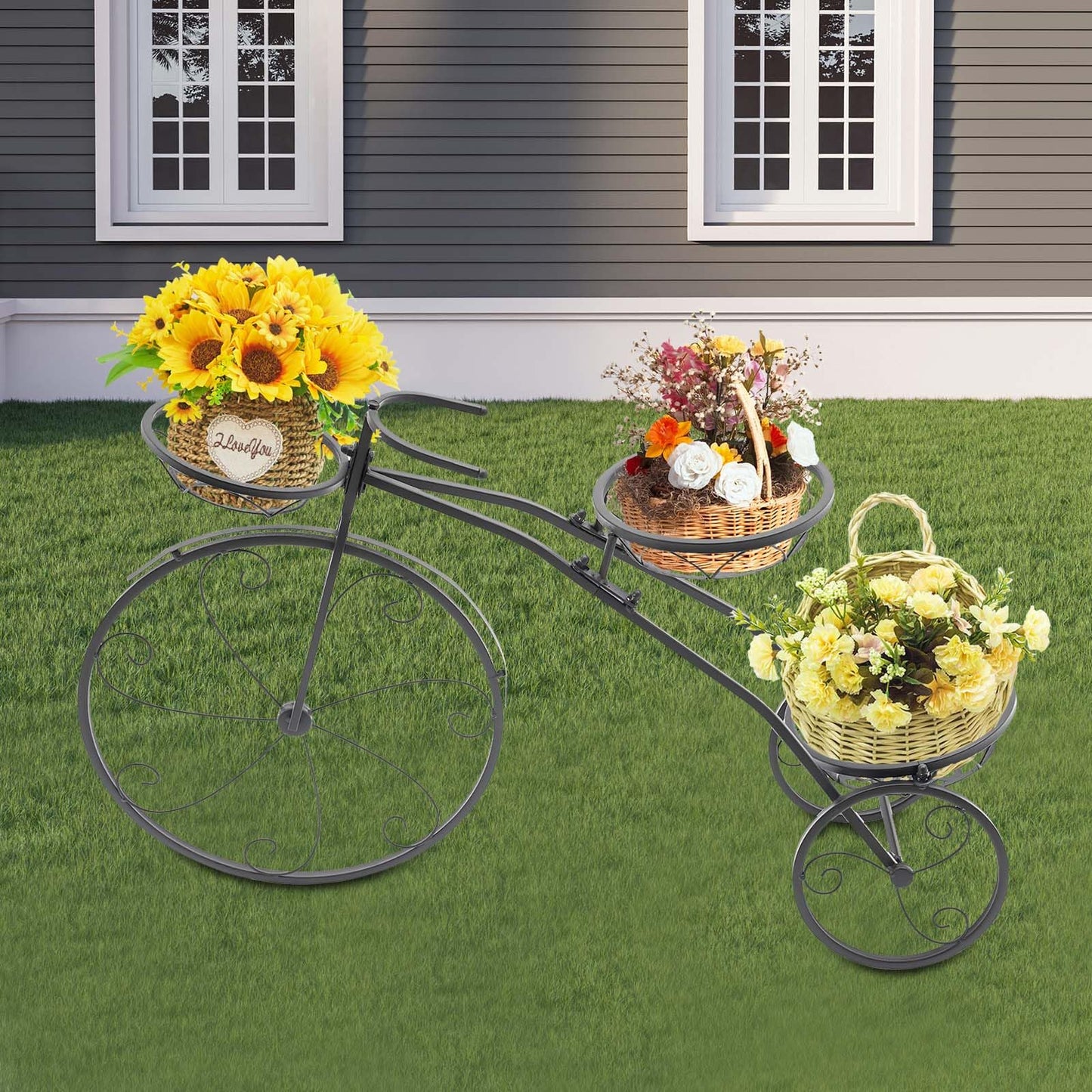 QQDETRR Bicycle Plant Stand, Large Metal Tricycle Planter for Indoor/Outdoor, 3-Tier Flower Holder for Garden, Home, Black
