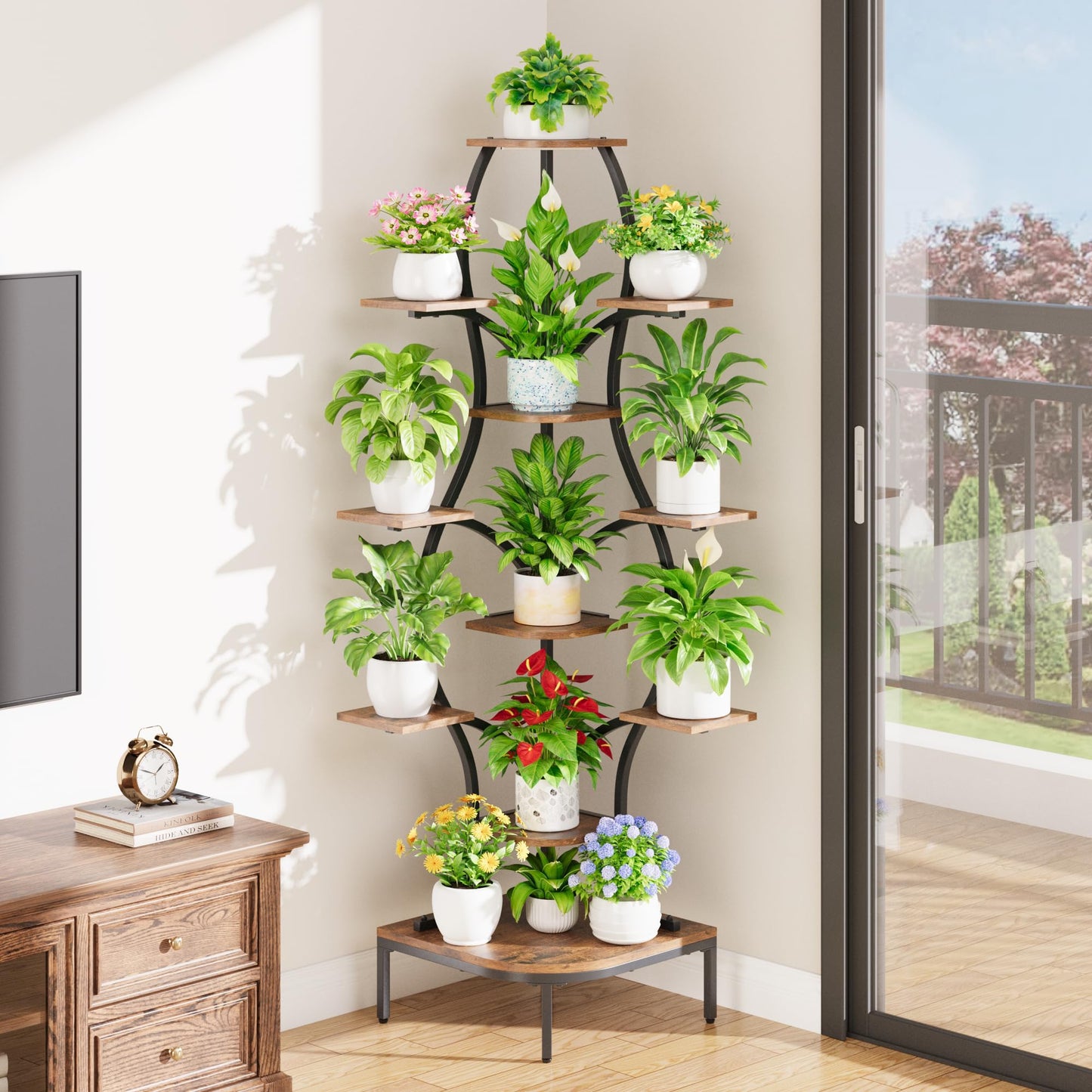 LATIBELL 72'' Tall Corner Plant Stand Indoor with Grow Light - 11 Tiered Metal Plant Shelf for Indoor Plants, Curved Display Rack Capable of Holding Large Pots in Living Room, Patio & Balcony, Black