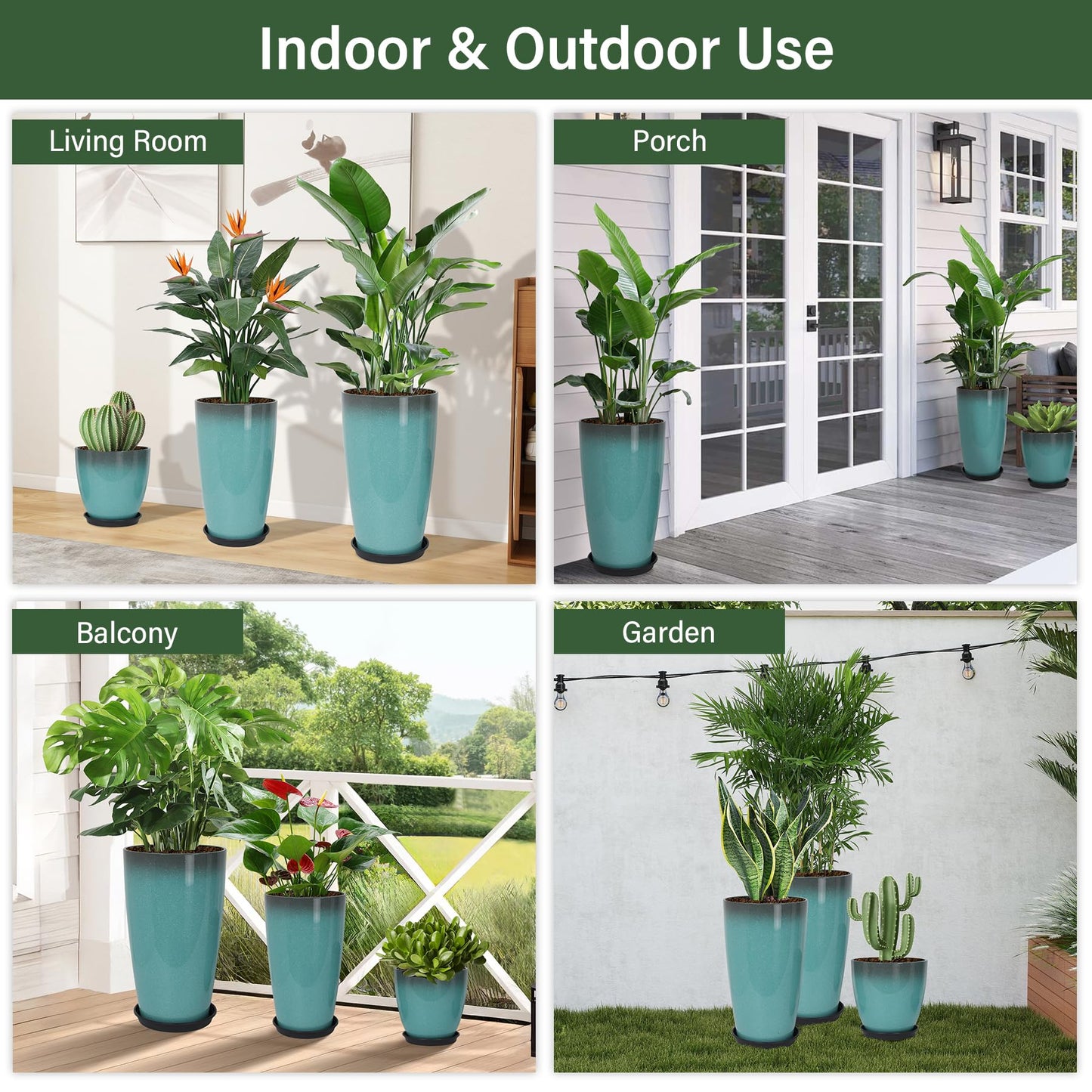 Neoaider 24/21/12 Inch Large Plastic Planter, Lightweight Ceramic-Look Tall Planters with Drain Hole & Saucers, Tall Plastic Planters for Porch, Garden, Patio, Balcony(Sky Blue)